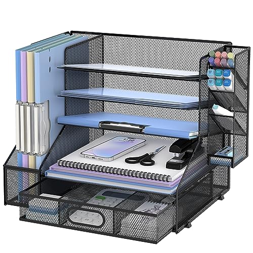 Desk Organizer with 5 Tier File Holder and Sliding Drawer Pen - Image 2