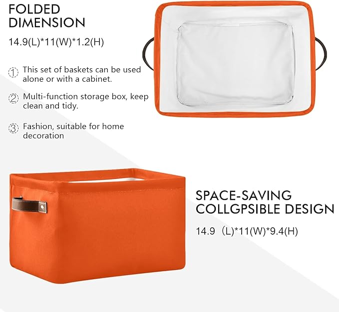 Storage Basket Plain Orange Solid Color Storage Bin Cube with Handles Foldable Storage Baskets for Shelves Living Room Home Decor 1PC