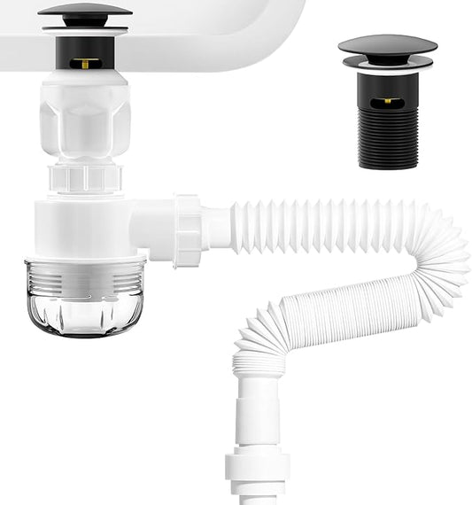 BOTEMY 1 1/2" Bathroom Sink Drain Kit with Flexible Drain P-Trap - No Tool Installation, Anti-Odor White Sink Drain Pipe Kit for Bathroom, Black Pop Up Stopper &Strainer Hair Catcher(with Overflow)