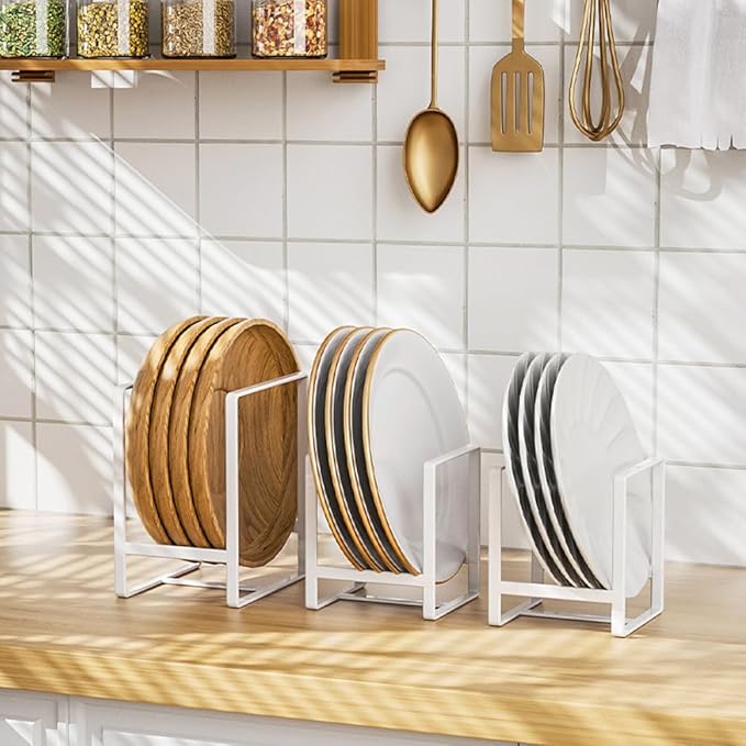 2PCS Plate Holders Organizer, Metal Dish Storage Dying Display Rack for Cabinet, Counter and Cupboard - White， Small and Large