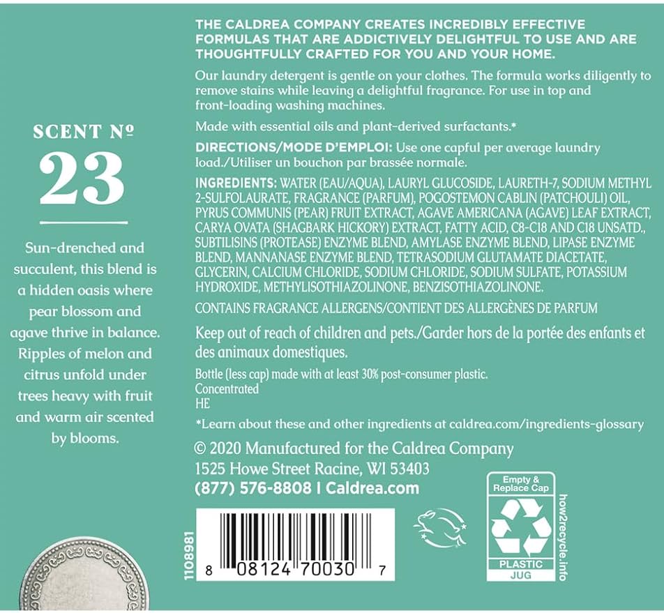 Caldrea Liquid Laundry Detergent, Effective for all Fabrics and all Temperatures, Pear Blossom Agave Scent, 64 oz