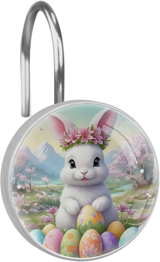 Bunny Rabbit and Easter Eggs Shower Curtain Hooks 12Pcs, Decorative Rust Resistant Shower Rings for Shower Curtain Rods, Stainless Steel Round Curtain Hooks for Bathroom, Bedroom, Farmhouse