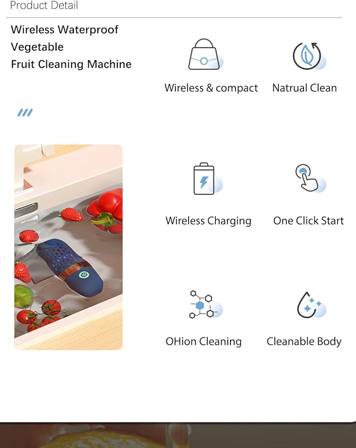 Vegetable and Fruit Cleaner Machine, Purified Water-Proof Fruit Cleaning Device with OH-ion Purification Technology 250min Working time and Wireless Charging, for Cleaning Fruit, Grain (Blue)