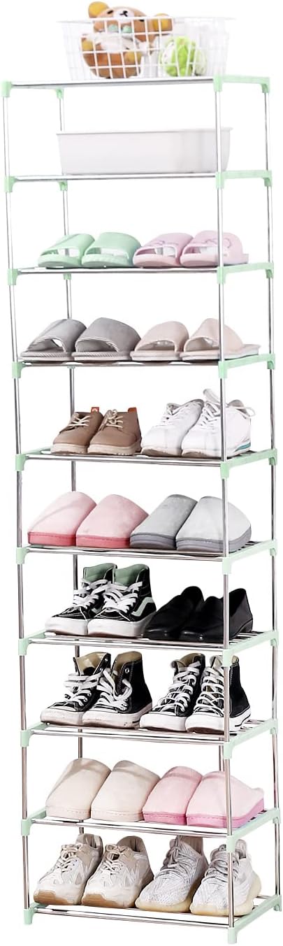 Stackable Small Shoe Rack, Entryway, Hallway and Closet Space Saving Storage and Organization (10-Tier, Green)