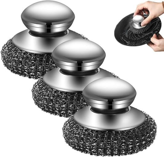 2026 New Steel Wool Scrubber, Stainless Steel Dish Scrubber with Handle for Cleaning Dishes, Iron Pots, Stoves, Wash Sink (3pcs)