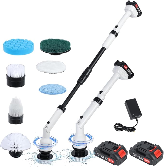 Electric Spin Scrubber, Cordless Cleaning Brush Scrubber, Shower Scrubber with 4 Replaceable Heads, IPX7 Waterproof, Dual Batteries, Adjustable Telescopic Handle for Bathroom/Tile/Grout/Floor (White)