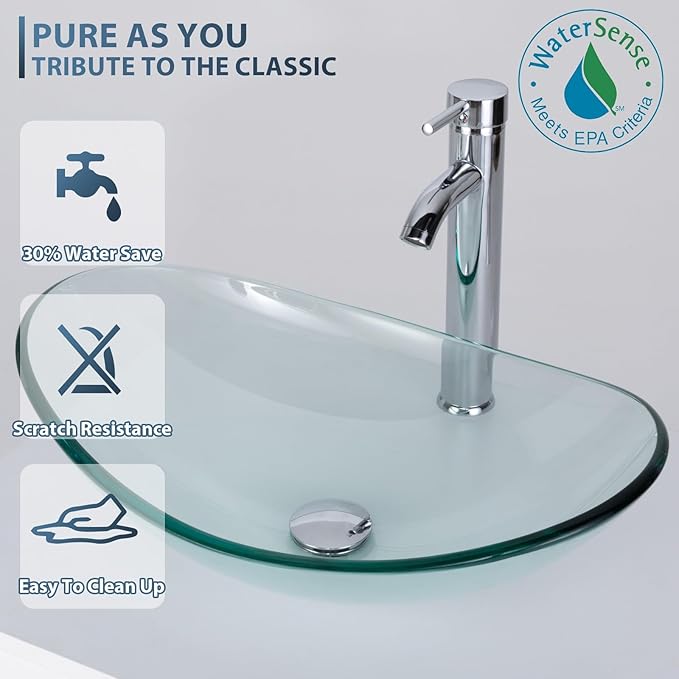 eclife 36" Modern Bathroom Vanity Sink Combo Freestanding Cabinet with Small Side Cabinet, Clear Boat Glass Vessel Sink, Water Save Faucet, Drain (Gray+A29TT)
