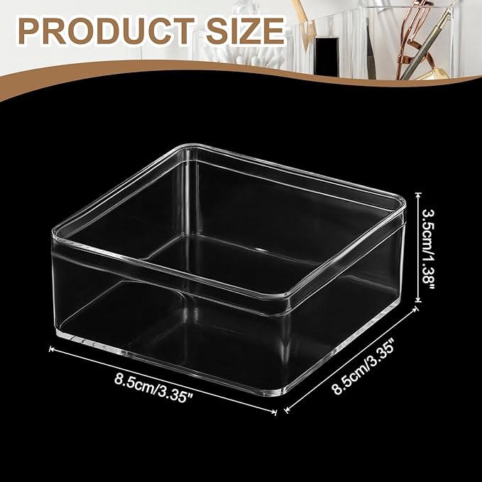 Acrylic Box with Lid, 3.35 x 3.35 x 1.38 in Acrylic Display Case Plastic Square Cube Container Storage Holder Stackable Bins for Cosmetic Collectible Candy Jewelry(2 Pack, Clear)