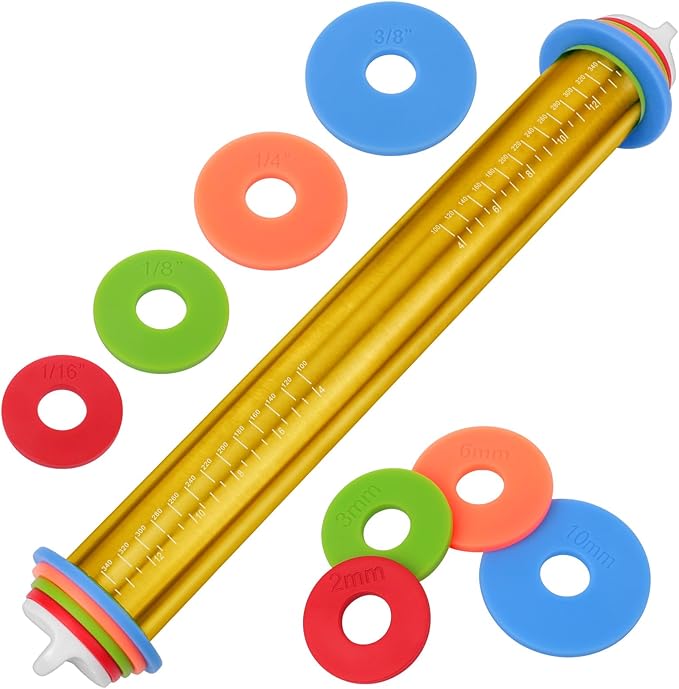 Wood Rolling Pin with Thickness Rings, Adjustable Wooden Rolling Pins for Baking, Adjustable Rolling Pins for Baking, Stainless Steel Rolling Pin with Thickness Rings, Metal Dough Roller for Fondant