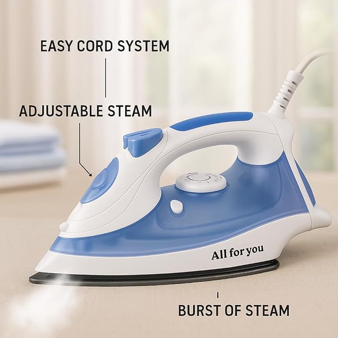 J&V TEXTILES Steam Iron with Ceramic Soleplate, Adjustable Temperature Control, Burst Steam Function, Anti-Calc System, Self-Clean Feature for All Fabrics (Blue)