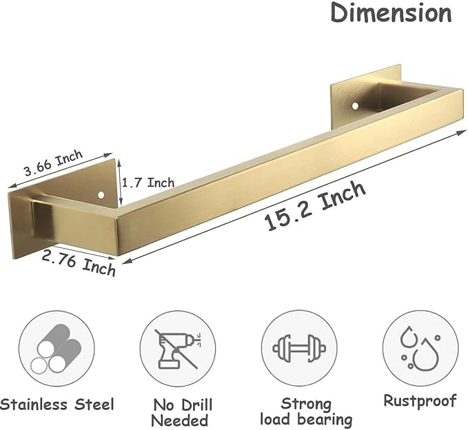 Bathroom Towel Bar Self Adhesive, No Drilling Towel Rack Easy to Install,Hand Towel Holder Made of Premium Stainless Steel Sticky on Hand Towel Hanger for Kitchen, Toilet.(16IN, Gold)