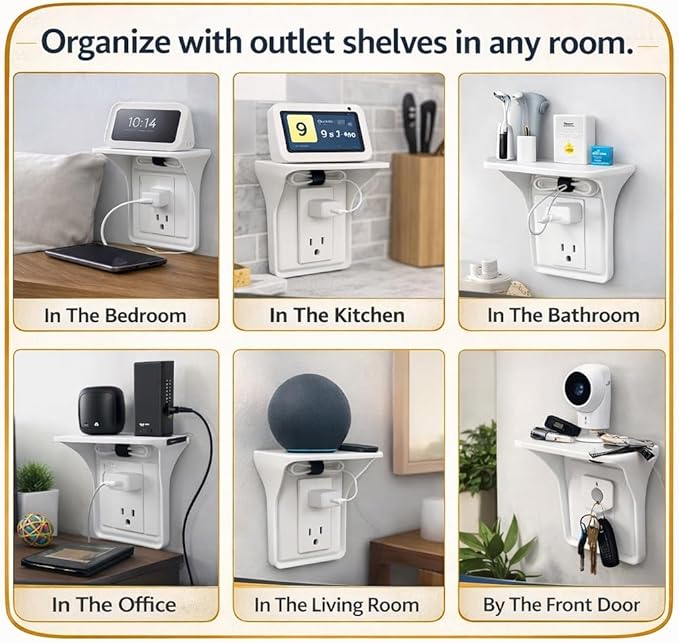 (3 Pack) Outlet Shelf – Wall Mount Organizer for Echo Dot, HomePod Mini, Alexa and Smart Home Devices – Bathroom Space Saver, Renter-Friendly for Kitchen, Bedroom, Office