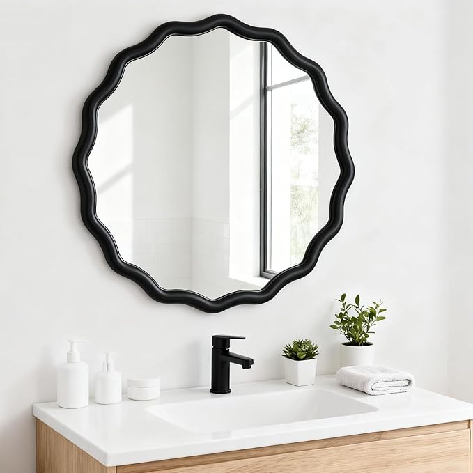 Circle Scalloped Mirror for Wall 24" Round Wavy Wooden Frame Vanity Mirror Hanging for Bedroom, Living Room, Hallway, Entryway, Home Decor Black
