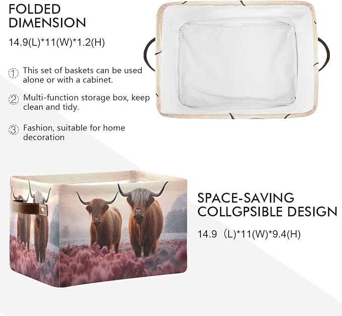 Storage Basket Two Highland Cows Storage Bin Cube with Handles Foldable Storage Baskets for Shelves Living Room Home Decor 1PC