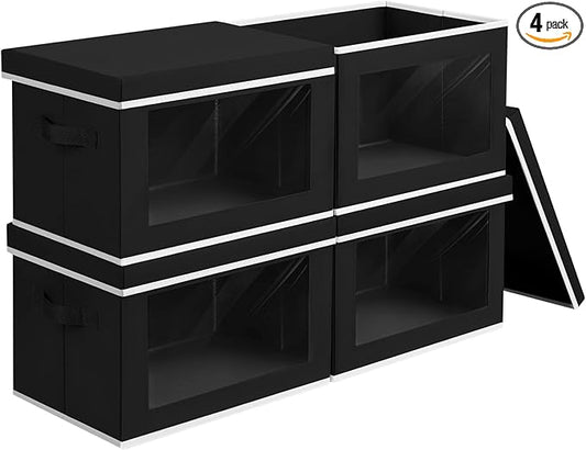 Cube Storage Bins with Lids, Clear Window Storage Baskets for Organizing, Fabric Organizer Bins with Handle, Cloth Storage Bins for Shelves, Closet, Clothes, Towels, 4 Packs, Black