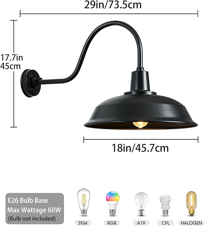 18 Inch Gooseneck Barn Light Outdoor, Large Matte Black Industrial Farmhouse Wall Light for Garage and Patio, ETL Listed, Weather-Resistant, E26 Base