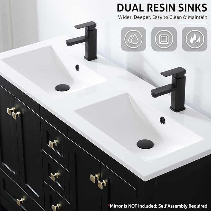 eclife 48" Bathroom Vanities with Sink Combo, Modern Thickened Wood Bathroom Storage Cabinet w/Undermount Double Sink, Matte Black Faucet Drain, Painted Surface, Black