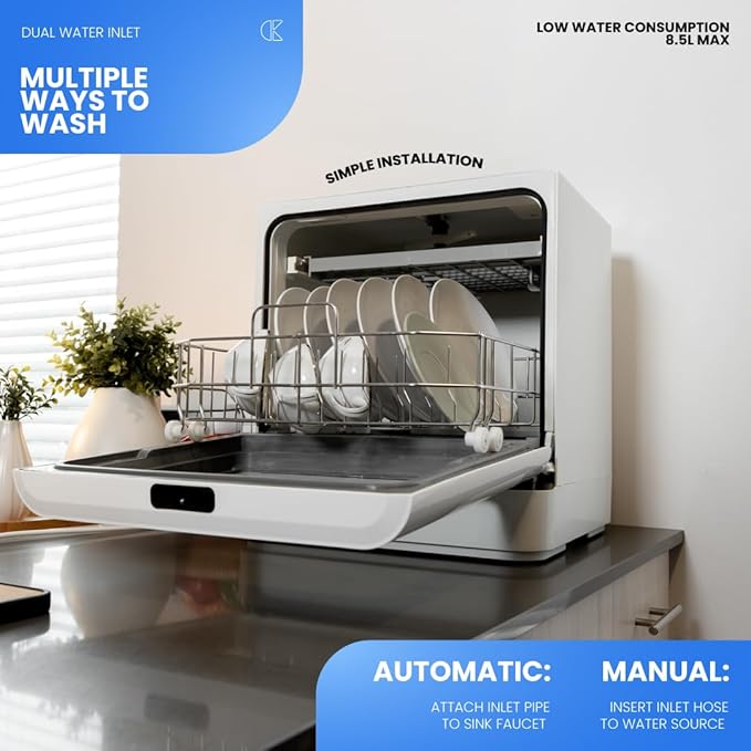 Collier Kitchen Portable Countertop Dishwasher – Compact Mini Dishwasher with 5 Wash Programs, Built-in Water Tank & Hose Connection – Space-Saving for Apartments, RVs & Small Kitchens