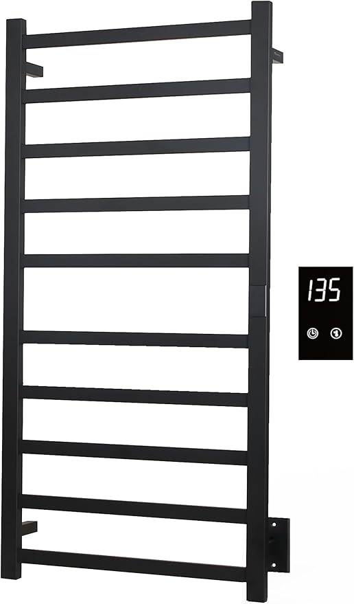 Electric Towel Warmer | Super Thin | with Timer & Temperature Multi-Level Adjustments | Hardwired & Plug-in | 10 Bar | Matte Black Finish