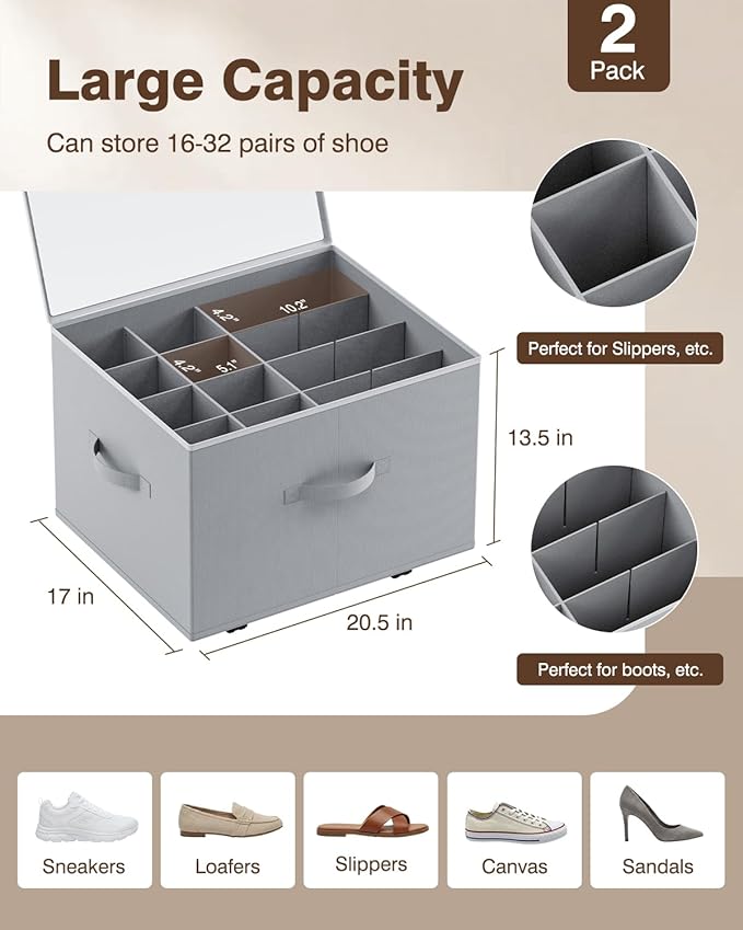 HOUSE AGAIN Shoe Organizer for Closet, 2 Pack Shoe Storage Organizer with Wheels, Foldable Shoe Storage Box with Adjustable Dividers and Clear Cover, Reinforced Handles, Fits up to 16-32 Pairs, Gray