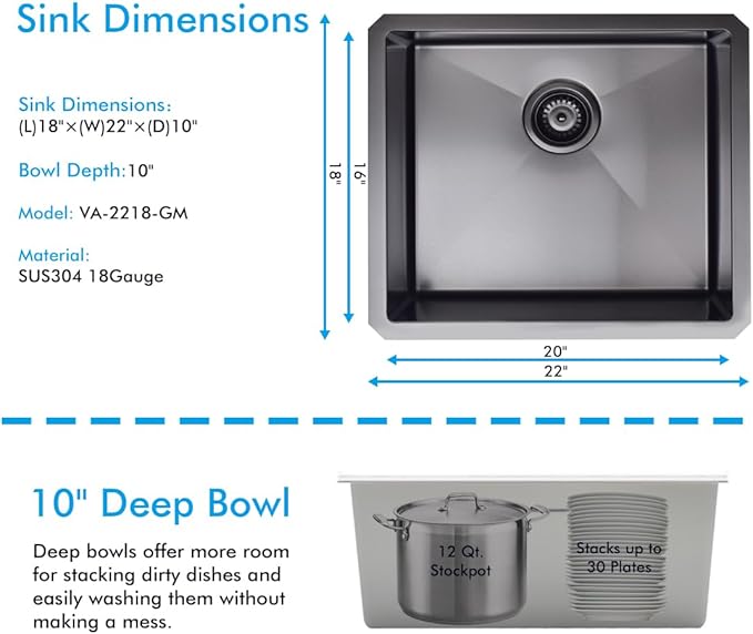 VADANIA 22-inch Kitchen Bar Sink, Black-plated Finish, 22"x18"x10", Single Bowl, Undermount, 18 Gauge T304 Stainless Steel, with Strainer & Bottom Grid, cUPC listed