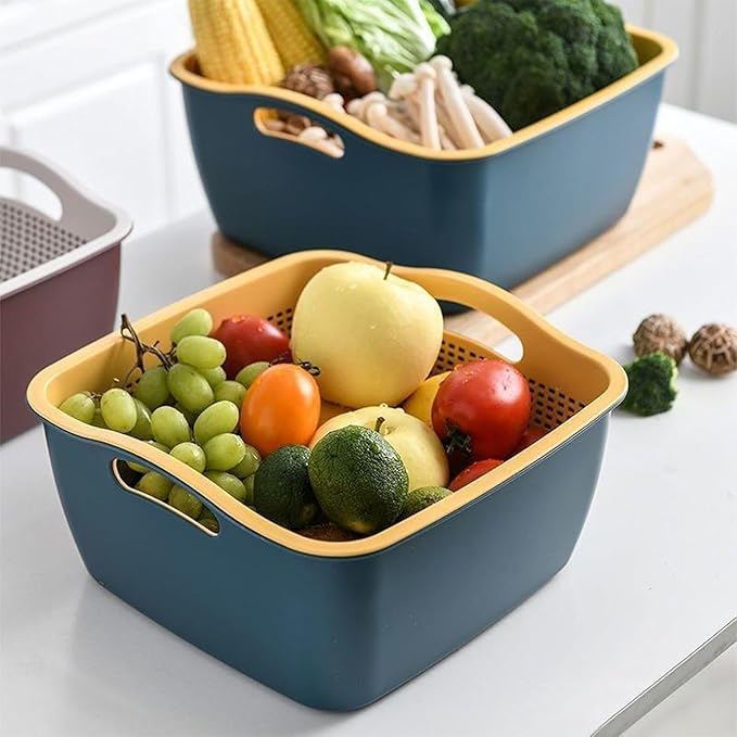 Double-layer Draining Basket Plastic Fruits & Vegetable Washing Basket for Kitchen (Blue)