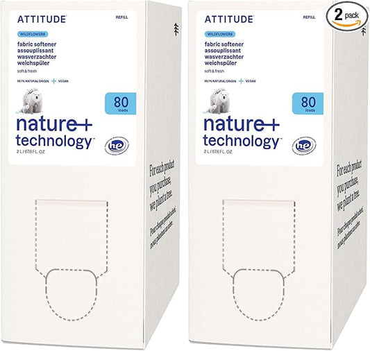 ATTITUDE Liquid Fabric Softener Refill,Plant-Based & Vegan,HE Compatible,Naturally Derived,Wildflowers Scent,80 Loads,67.6 Fl Oz,(Pack of 2)