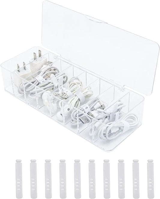 Cable Organizer Storage Box Plastic Cable Cord Management Box Power Cord Organizer Case with 10Pcs Rubber Ties for Office, Home, Desk Accessories Storage Stationery Supplies