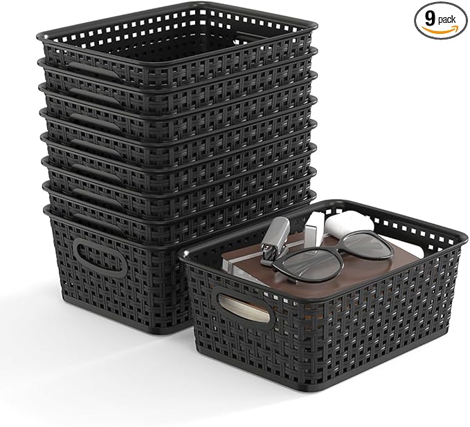 9-Pack Plastic Woven Storage Baskets Set - Black Organizer Bins for Shelves, Kitchen Pantry, Bathroom, Office | 10.1"L x 7.55"W x 4.1"H | Multi-Purpose Shelf Basket Organizers