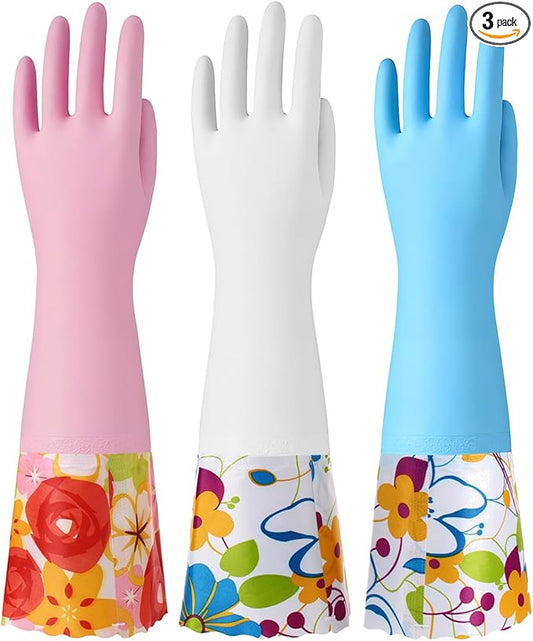 Bamllum 3 Pairs Rubber Cleaning Gloves, Household Kitchen Dishwashing Gloves with Cotton Flocked Liner, Long Cuff 16 Inches, Reusable, Non-Slip (Small, Blue+Pink+White)