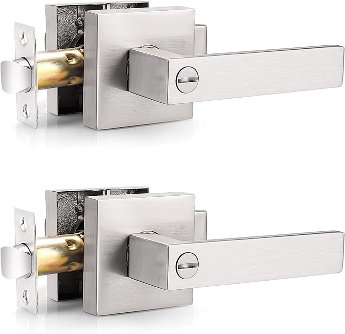 Probrico Heavy Duty Square Satin Nickel Privacy Door Levers, Interior Keyless Locks Bath/Bed Door Locksets, Reversible for Left/Right Handed Doors, 2 Pack