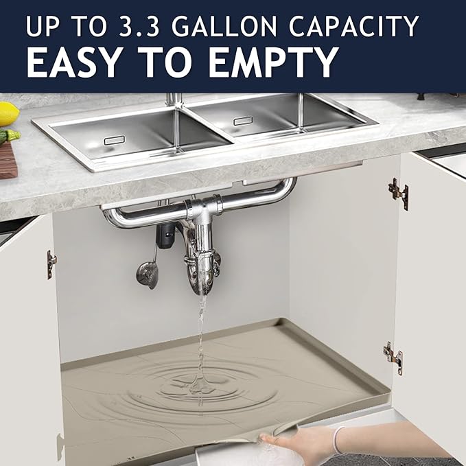 Heavy Duty Silicone Under Sink Mats for Kitchen Waterproof 22" x 22", Extra Thick Under Sink Rubber Mat Drip Tray, Raised Edge Under Sink Liner,Prevent Drips, Leaks, Spills,Brown