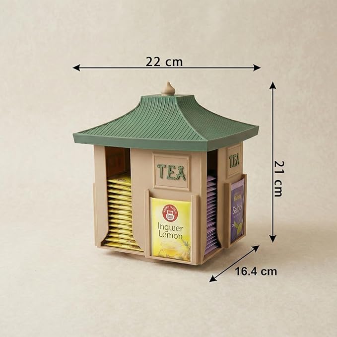 Rotating Japanese Tea Bag Organizer Dispenser - Pagoda Design, 360° Lazy Susan Base, Beige Body with Jungle Green Roof, Zen Matcha/Sencha/Tea Bag Storage Carousel for Kitchen Counter