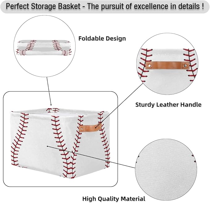 Pardick 2Pack Sports Baseball Print Large Collapsible Storage Bins,Sports Basket Decorative Canvas Fabric Storage Boxes with Handles,Rectangular Shelves Baskets Box for Home Office Nursery Closet