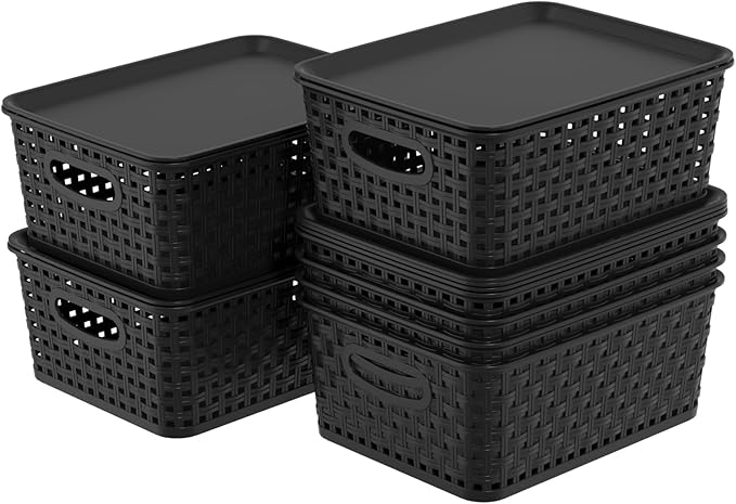 Plastic Weave Storage Bins with Lids, Plastic Organizing Baskets with Lid, Black, 6 Packs