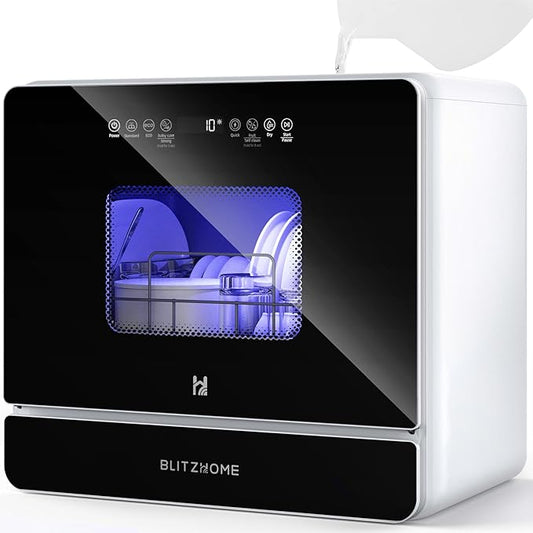 BLITZHOME Countertop Portable Mini Dishwasher, 9 Programs,167℉ High-Temp, Hot Air Drying, Air Refresh, 360° 3 Spray, 24H Timing, LED Light, 5.2L Built-in Water Tank for Apartments RVs