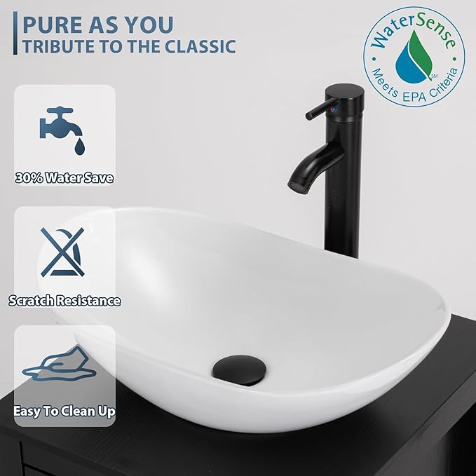 eclife 84" Modern Bathroom Vanity Sink Combo Freestanding Cabinet with Small Side Cabinet, White Boat Ceramic Vessel Sink, Water Save Faucet, Drain (White+T44)
