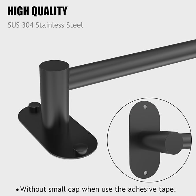 Towel Bar, Adjustable 14.4inch - 25.2inch Towel Rack, Self Adhesive & Wall Mounted for Bathroom Kitchen Hand Towel Holder Cloths Hanger SUS 304 Stainless Steel Organizer Single Bar (3, Matte Black)