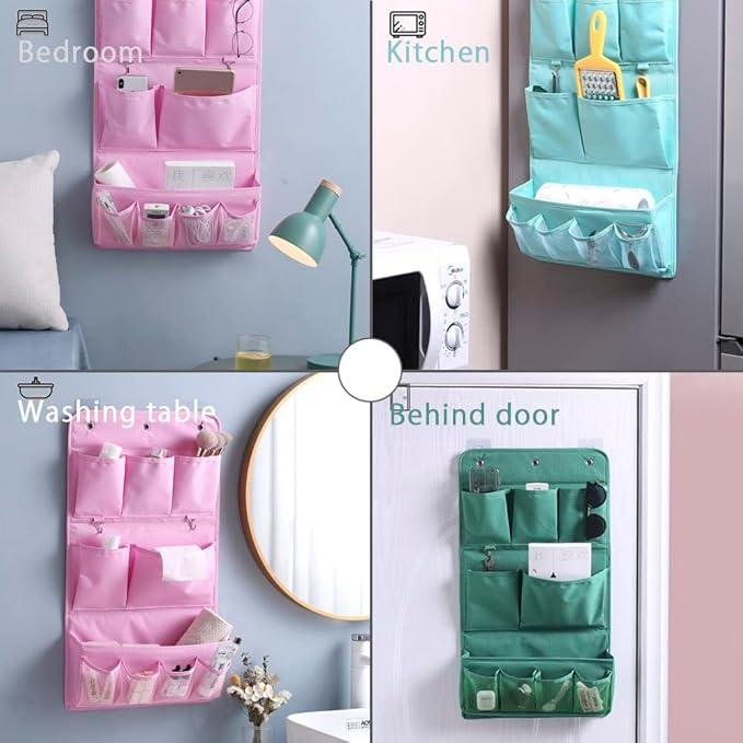 HSLFUAI Hanging Organizer with Pockets – Wall & Door Storage Bag with 3 Sticky Hooks – Hanging Storage Organizer for Bathroom, Bedroom, Closet, Dorm, Washing Table (3Layer, Green)