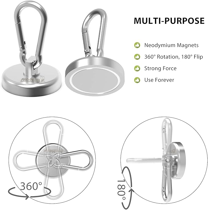 Ant Mag Magnet Hooks Heavy Duty 160LBS Neodymium Magnet with Swivel Carabiner Snap Hook for Indoor/Outdoor Hanging Bag Kitchen Garage Cruise Ship (2 Pack)