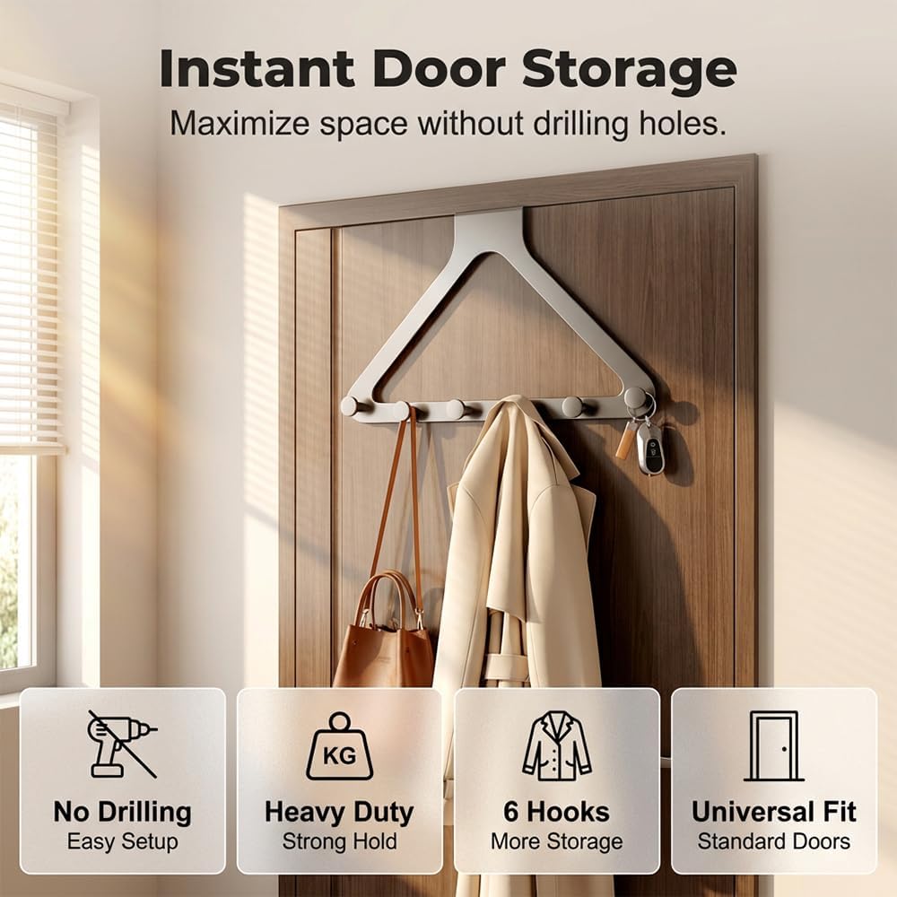Over-Door Hook Rack — No-Drill 6-Hook Organizer for Bedroom, Bathroom & Entryway | Nestify