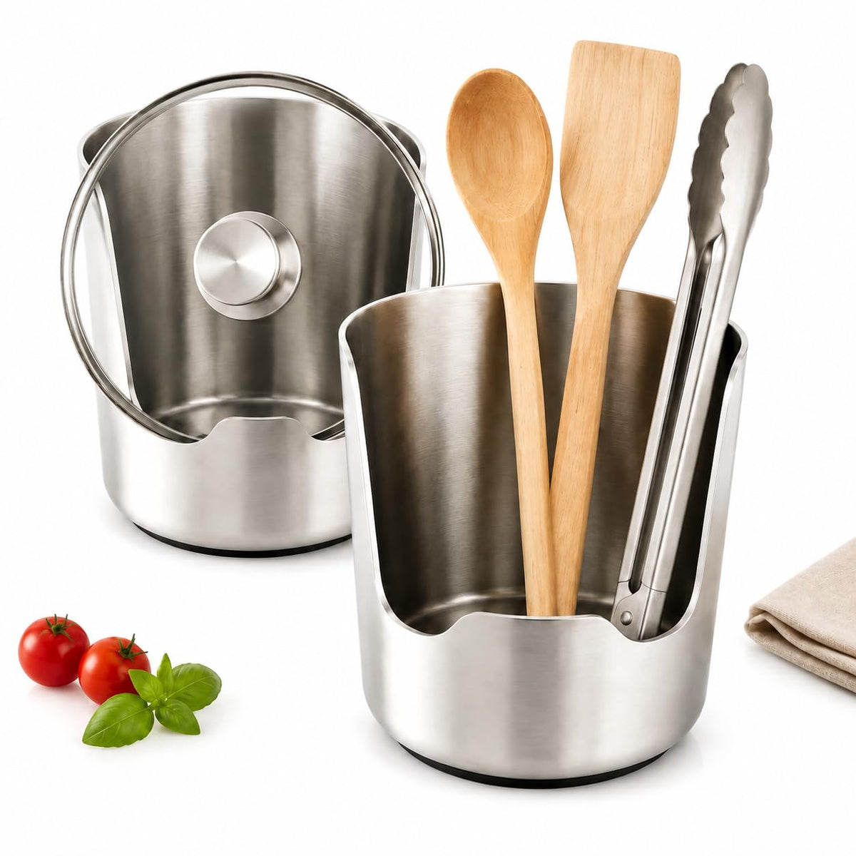 Stainless Steel Utensil Holder, 2-in-1 Pot Lid Stand and Spoon - Image 1