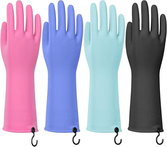 4 Pairs Rubber Dishwashing Gloves with Hanging Hooks - Reusable Cleaning Gloves for Kitchen & Household, Non-Slip, Durable and Flexible (Small, 4 Colors)