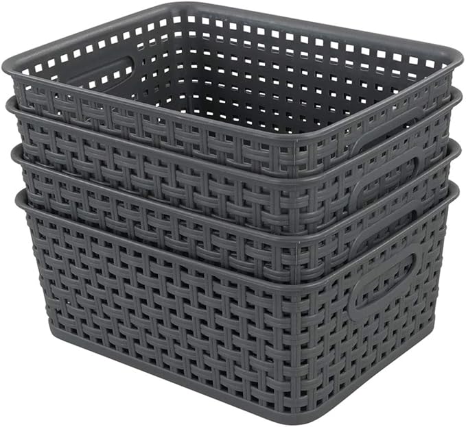 4-Pack Gray Plastic Small Storage Baskets, 10" x 7.7" x 4"