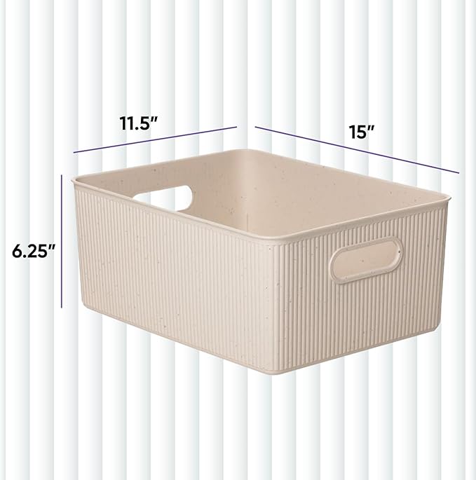 Eco-Friendly Decorative Plastic Basket Open Home Storage Bins Organizer, Large (1 Pack) Container Boxes for Organizing Closet Storage Bins for Shelves - Ribbed Collection 15 Liter/16 Quart