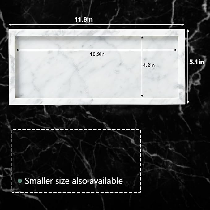 Natural Small Marble Vanity Tray, Luxury Stone Organizer for Bathroom & Kitchen | Holds Soap Dispenser, Jewelry, Perfume | Non-Resin, Non-Ceramic Décor (White, M (11.8" x 5.1" x 0.78"))