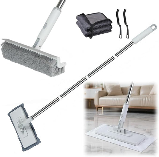 4 in 1 Disposable Dust Mop with Squeegee & Floor Scrub Brush with Long Handle, 2 Shiny Towels Wipes Cleaning Cloths, 2 Crevice Brush, Snap Grip Mini Mop for Windows Car Glass Floor Shower Bathroom