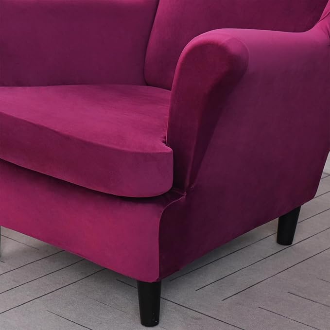 OBCREAT Wingback Chair Covers 2 Piece Stretch Velvet Wingback Chair Slipcover Soft Wing Chair Sofa Covers with Elastic Bottom,Armchair Couch Cover Furniture Protector for Living Room (Magenta)