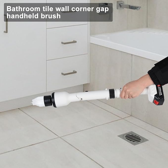 Electric Spin Scrubber, Cordless Cleaning Brush Scrubber, Shower Scrubber with 4 Replaceable Heads, IPX7 Waterproof, Dual Batteries, Adjustable Telescopic Handle for Bathroom/Tile/Grout/Floor (White)