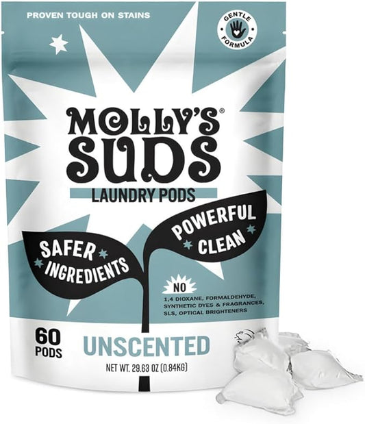 Molly's Suds Laundry Detergent Pods | Clean Detergent for Sensitive Skin | Ultra Concentrated and Stain Fighting | Unscented - 60 Count